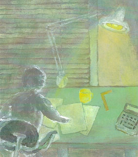 Painting of man working at desk. By Gene McCormick.
